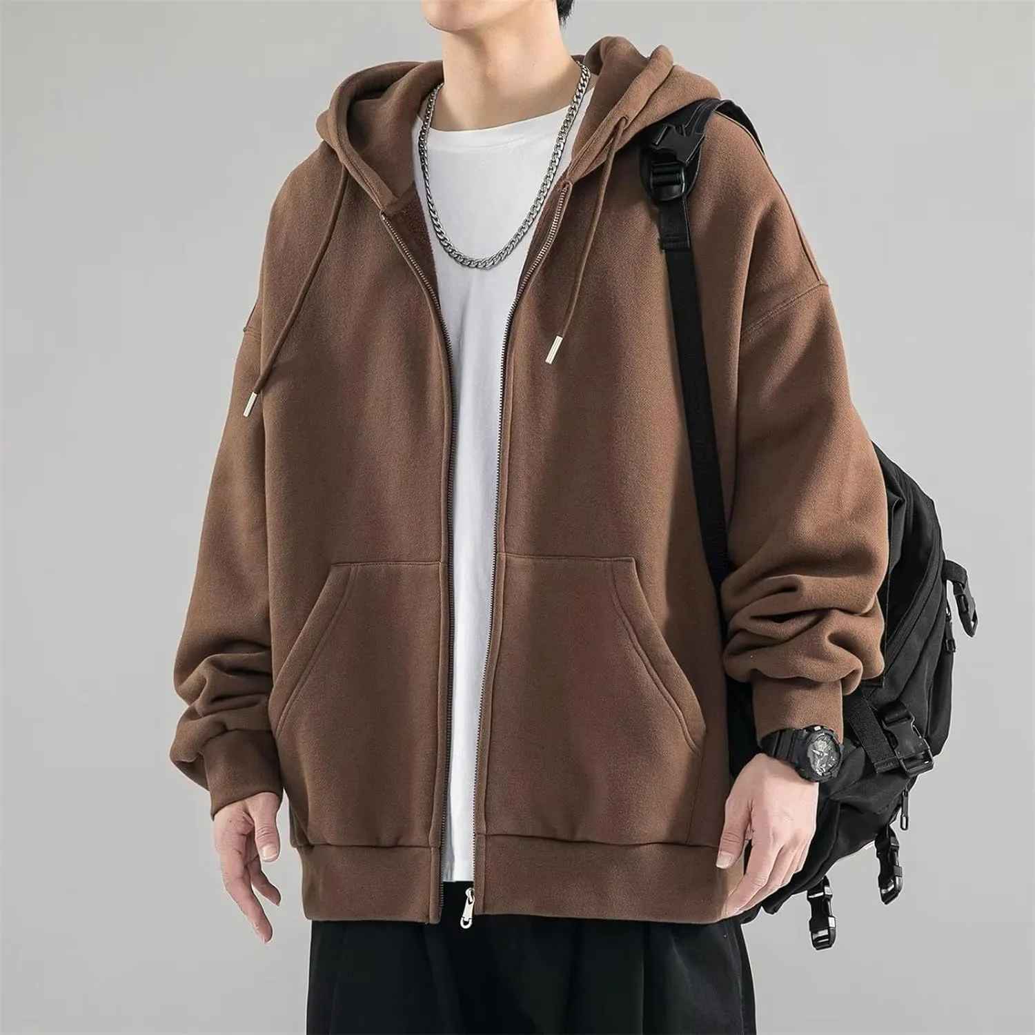 Men's Zip Up Hoodie Loose Fit Long Sleeve Sweatshirts Full Zip Drawstring Casual Lightweight Jacket With Pockets