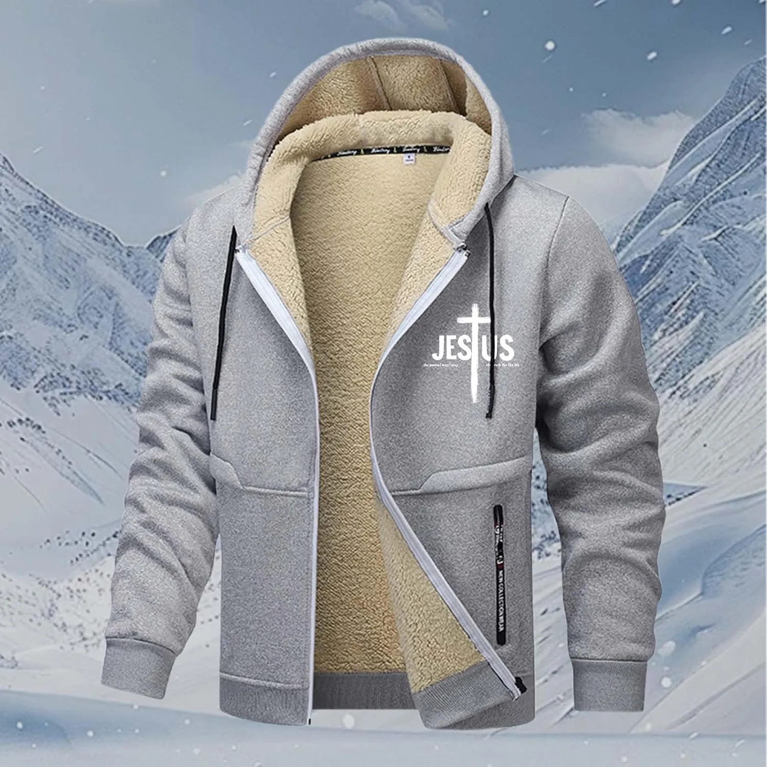 Mens Zip up Hoodie Warm Sherpa Fleece Lined Winter Jackets Casual Long Sleeve Hooded Drawstring Coats with Pockets