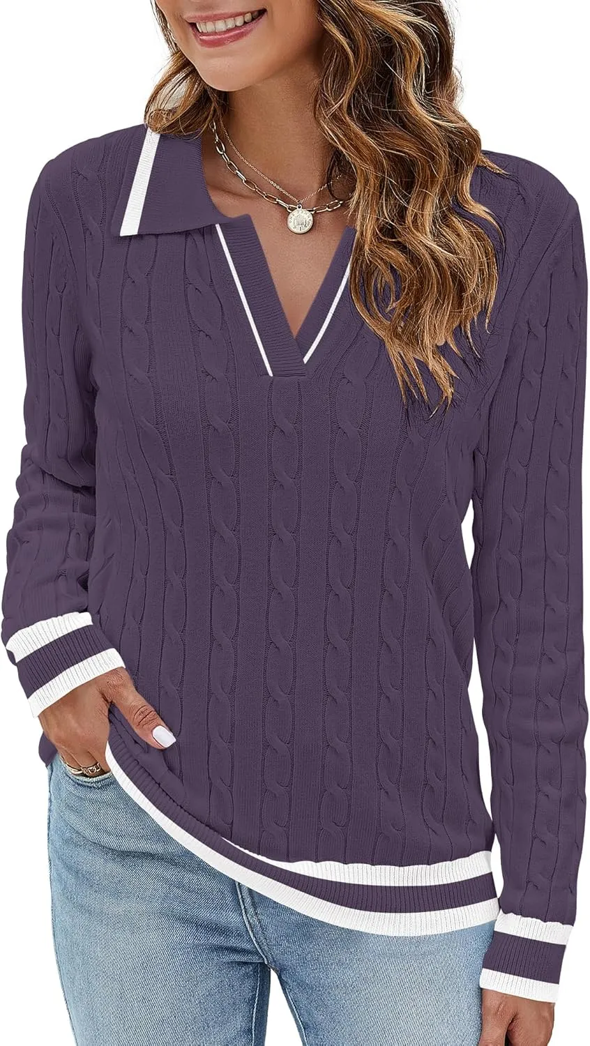 Micoson Womens Fall Long Sleeve Sweaters Lapel V Neck Cable Knitted Pullover Casual Soft Jumper Top
