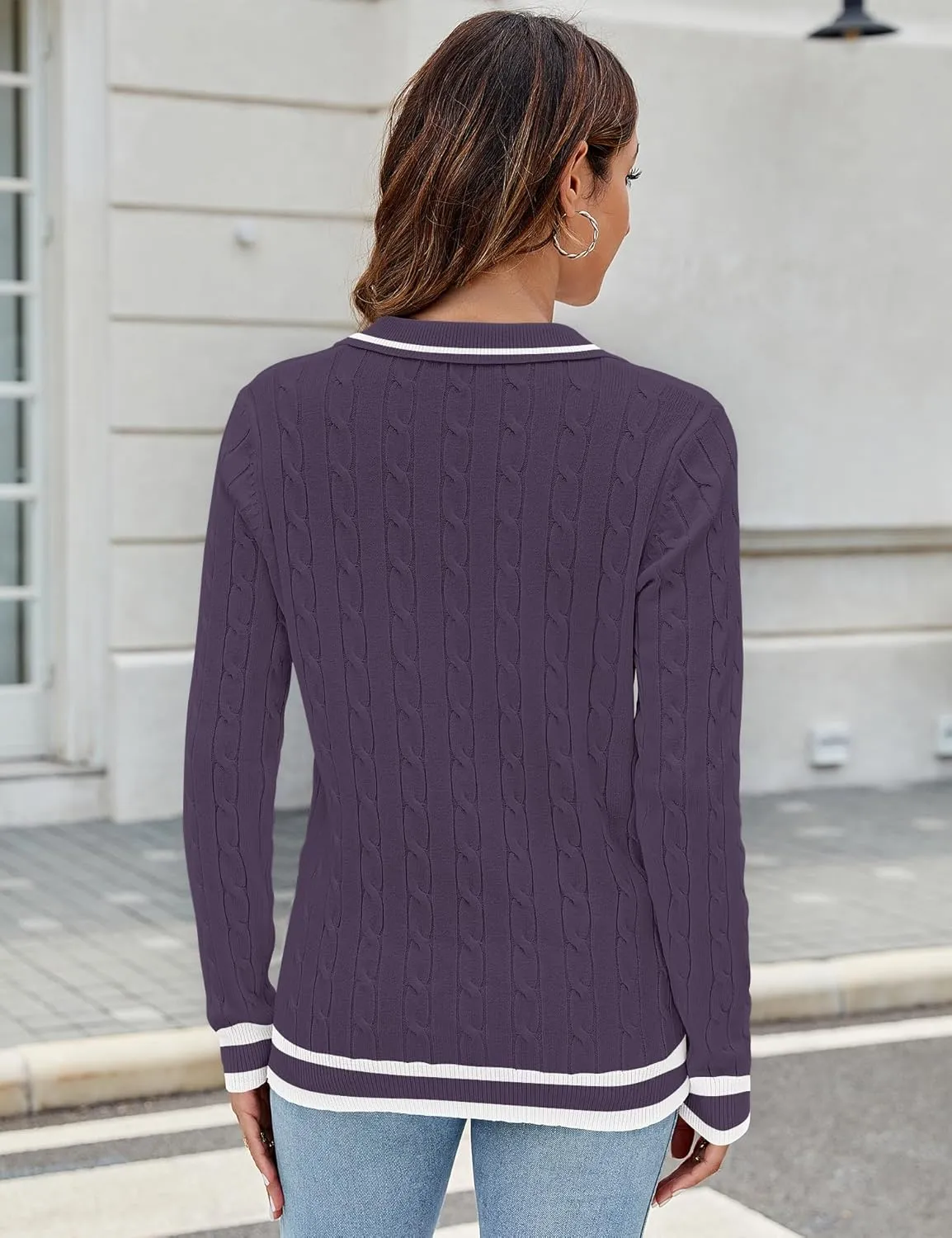 Micoson Womens Fall Long Sleeve Sweaters Lapel V Neck Cable Knitted Pullover Casual Soft Jumper Top