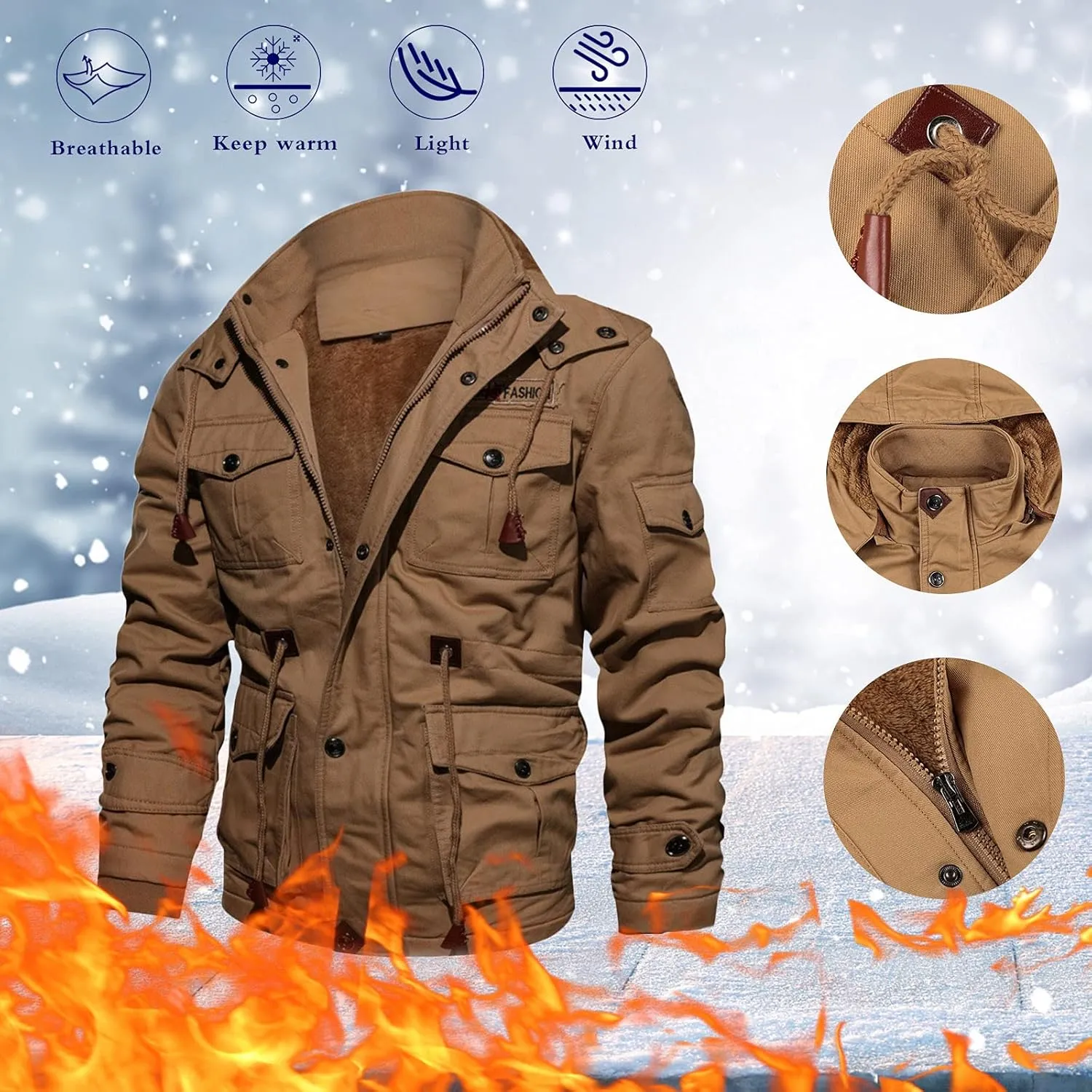 Military Jackets for Men Heavyweight Thicken Thermal Fleece Lined Bomber Jacket Detachable Pockets Outdoor Cotton Coats