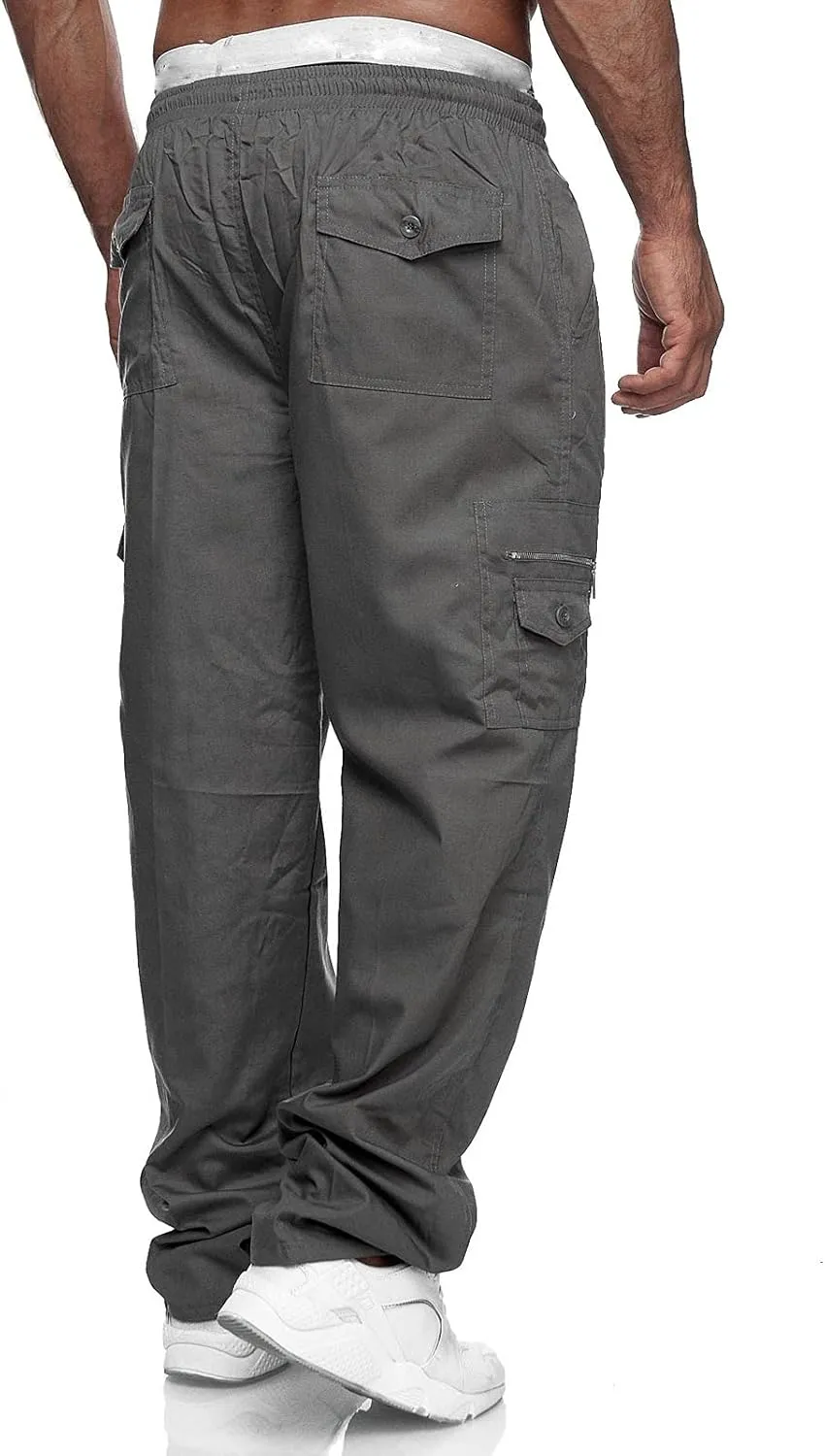 Miyaomn Men's Classic Drawstring Cargo Pants Multi Pockets Relaxed Fit Solid Color Elastic Waist Open Bottom Joggers Trousers