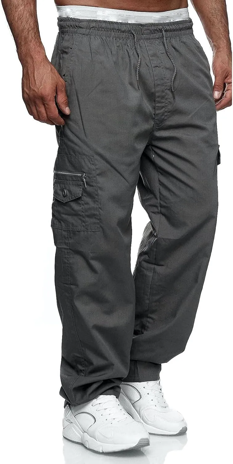 Miyaomn Men's Classic Drawstring Cargo Pants Multi Pockets Relaxed Fit Solid Color Elastic Waist Open Bottom Joggers Trousers