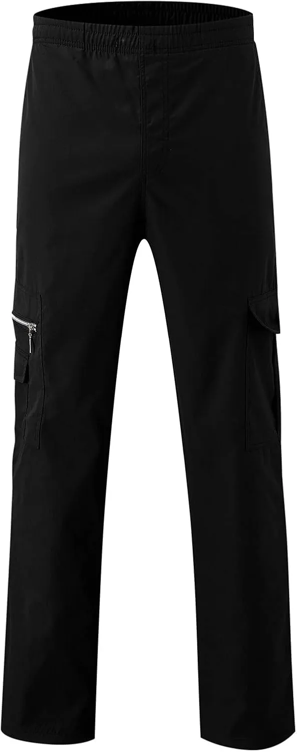 Miyaomn Men's Classic Drawstring Cargo Pants Multi Pockets Relaxed Fit Solid Color Elastic Waist Open Bottom Joggers Trousers