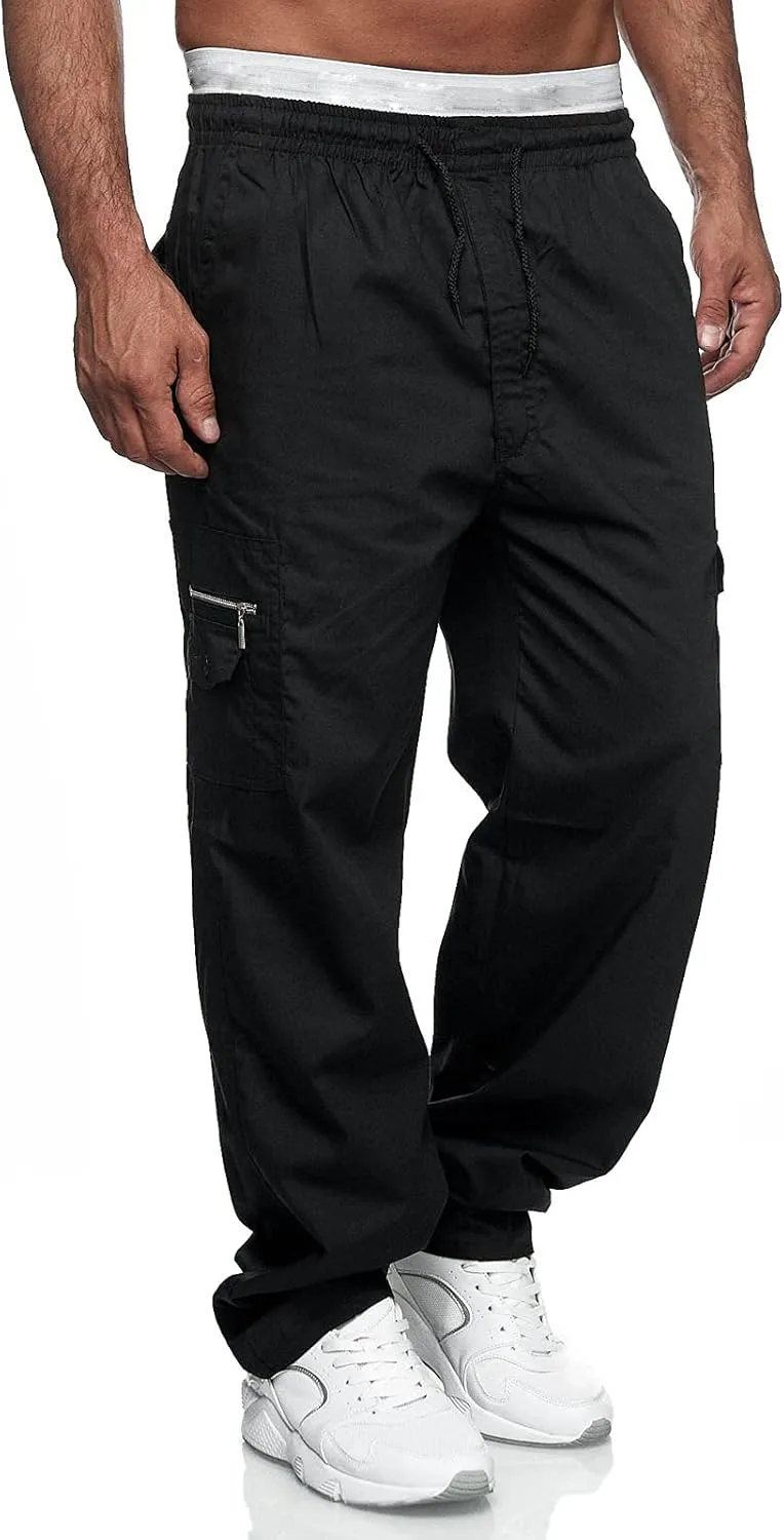 Miyaomn Men's Classic Drawstring Cargo Pants Multi Pockets Relaxed Fit Solid Color Elastic Waist Open Bottom Joggers Trousers