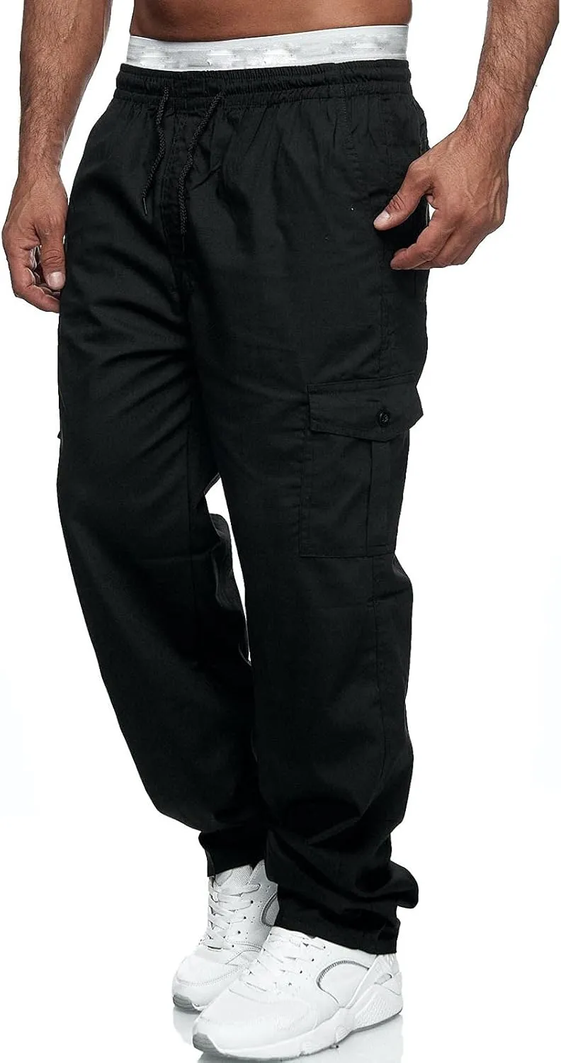 Miyaomn Men's Classic Drawstring Cargo Pants Multi Pockets Relaxed Fit Solid Color Elastic Waist Open Bottom Joggers Trousers