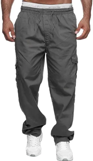 Miyaomn Men's Classic Drawstring Cargo Pants Multi Pockets Relaxed Fit Solid Color Elastic Waist Open Bottom Joggers Trousers