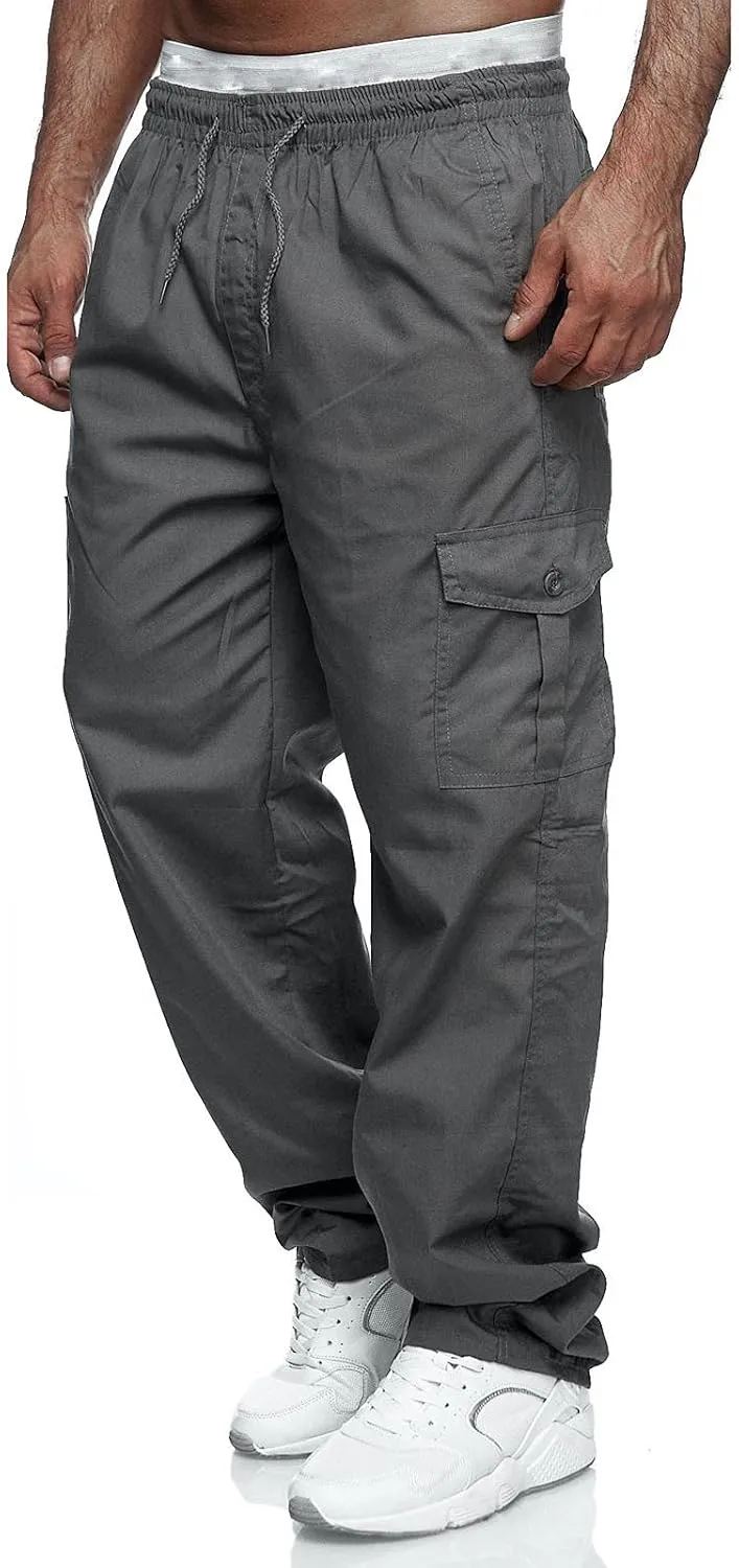 Miyaomn Men's Classic Drawstring Cargo Pants Multi Pockets Relaxed Fit Solid Color Elastic Waist Open Bottom Joggers Trousers