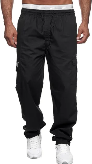 Miyaomn Men's Classic Drawstring Cargo Pants Multi Pockets Relaxed Fit Solid Color Elastic Waist Open Bottom Joggers Trousers