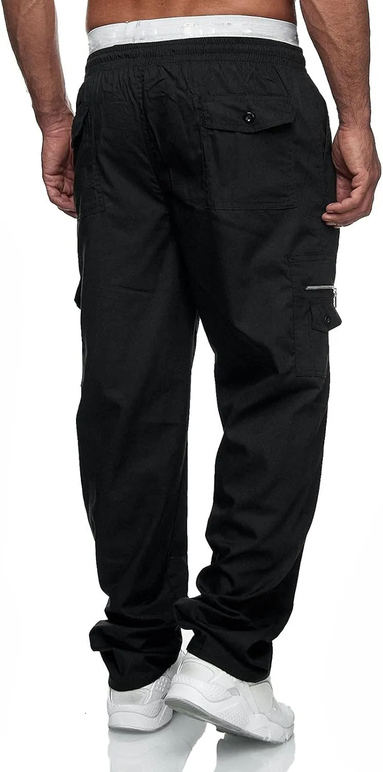 Miyaomn Men's Classic Drawstring Cargo Pants Multi Pockets Relaxed Fit Solid Color Elastic Waist Open Bottom Joggers Trousers
