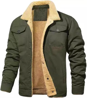 Mmoneyake Men's Winter Jacket Warm Fleece Lined Coat Trucker Lapel Work Cargo Jackets Sherpa Button Down Coat with Pockets