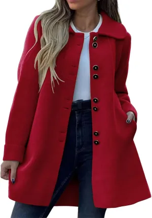 Mmoneyake Womens Pea Coat Elegant Single Breasted Trench Coat Classic Wool Blend Overcoat Warm Winter Dress Coat Plus Size