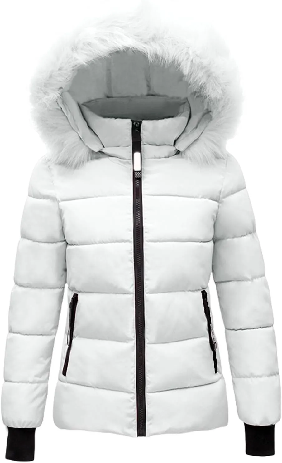 Mmoneyake Women's Winter Windproof Warm Down Coats Thicken Hooded Fashions Puffer Jacket Short Coat Parka with Faux Fur Hood