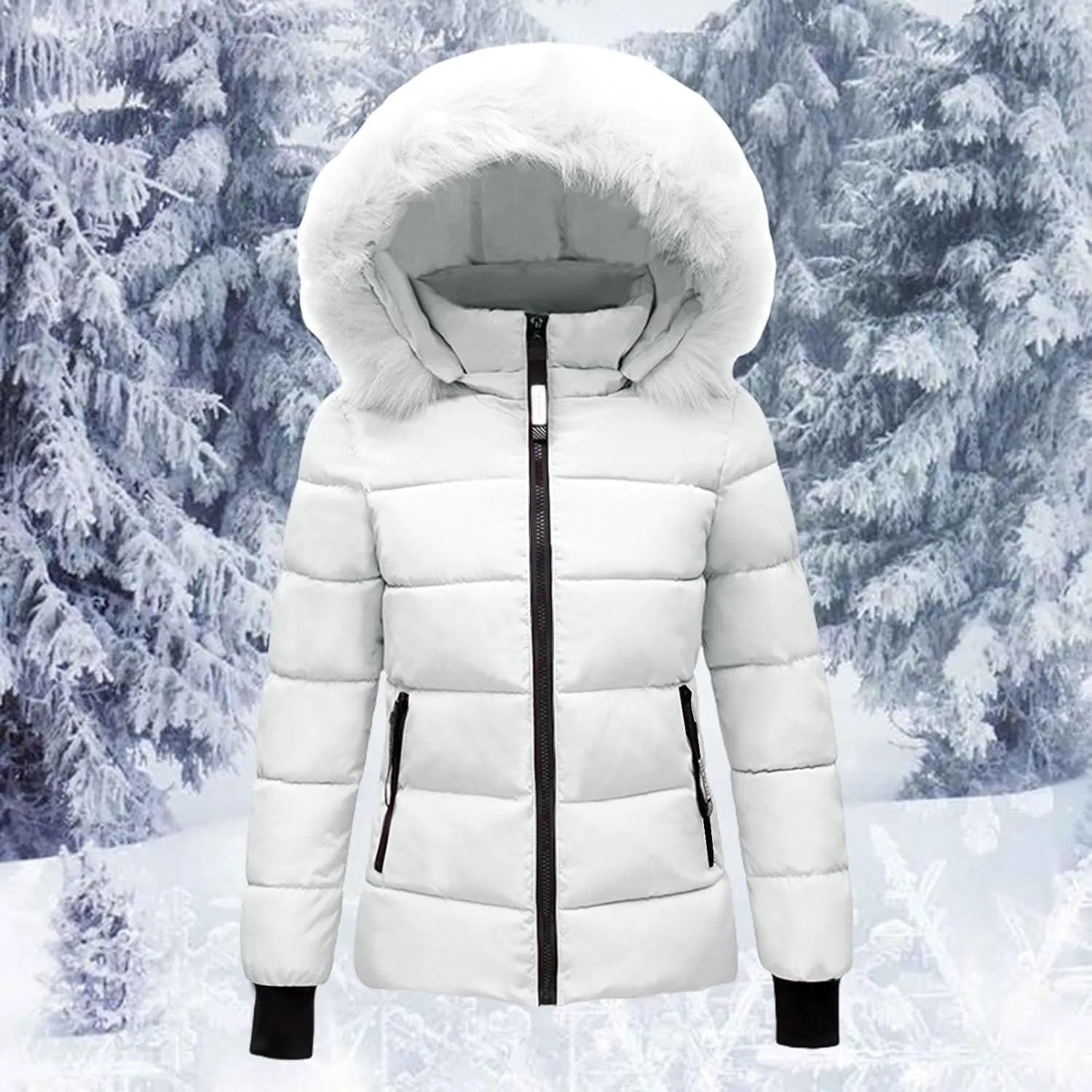Mmoneyake Women's Winter Windproof Warm Down Coats Thicken Hooded Fashions Puffer Jacket Short Coat Parka with Faux Fur Hood