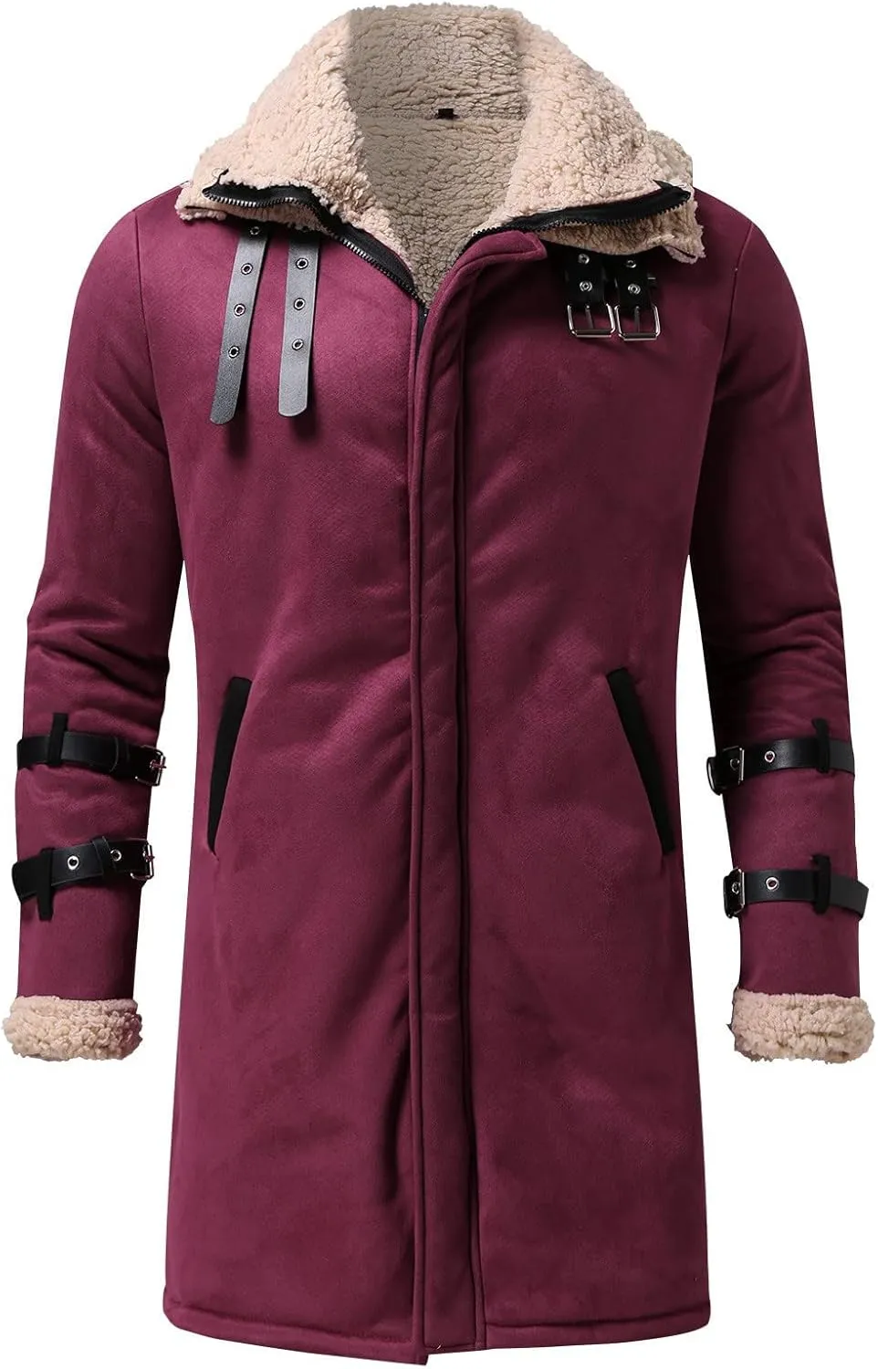 NATHGAM Faux Leather Sherpa-Lined Jacket Men Shearling Trucker Coats Heavyweight Hunting Suede Bomber Jackets with Pockets