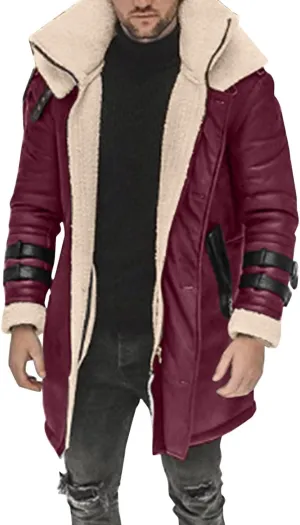 NATHGAM Faux Leather Sherpa-Lined Jacket Men Shearling Trucker Coats Heavyweight Hunting Suede Bomber Jackets with Pockets