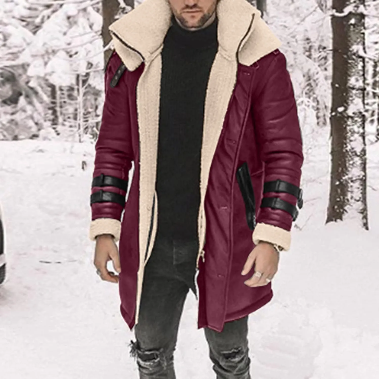 NATHGAM Faux Leather Sherpa-Lined Jacket Men Shearling Trucker Coats Heavyweight Hunting Suede Bomber Jackets with Pockets