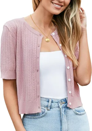 Newshows Womens Cropped Cardigan Sweaters 2025 Summer Lightweight Short Sleeve Bolero Shrug Hollow Out Button Down Tops