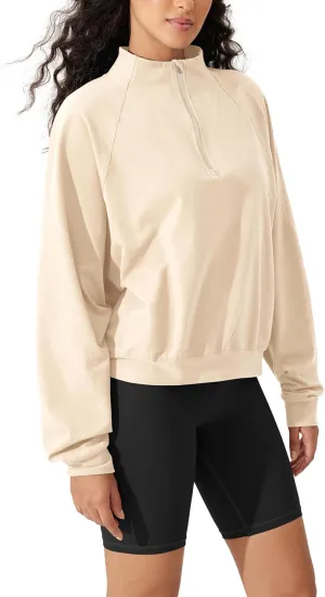 ODODOS Women's Purevibe Cotton Half-Zip Pullover Funnel Neck Sweatshirts Long Sleeve Tops