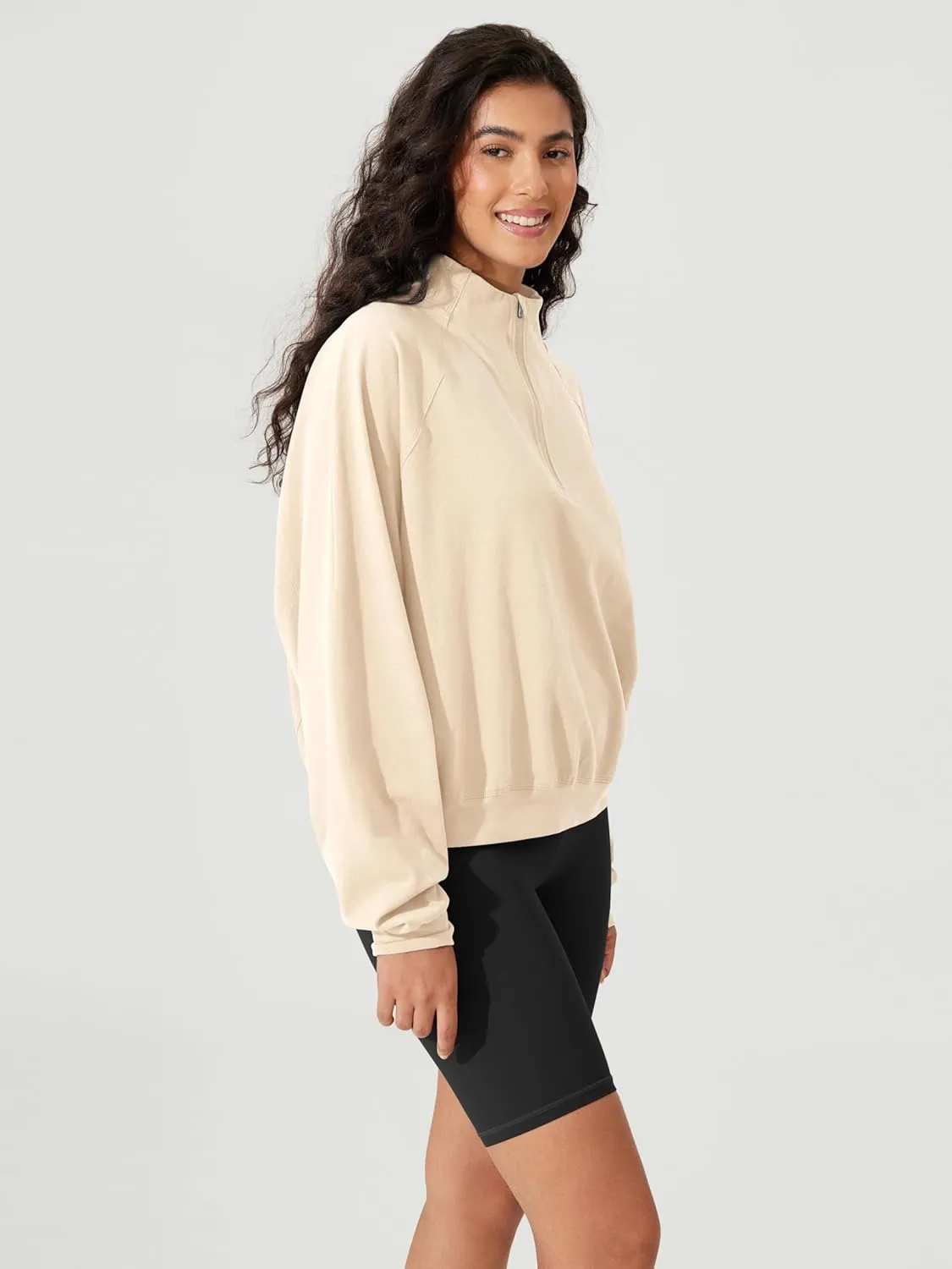 ODODOS Women's Purevibe Cotton Half-Zip Pullover Funnel Neck Sweatshirts Long Sleeve Tops