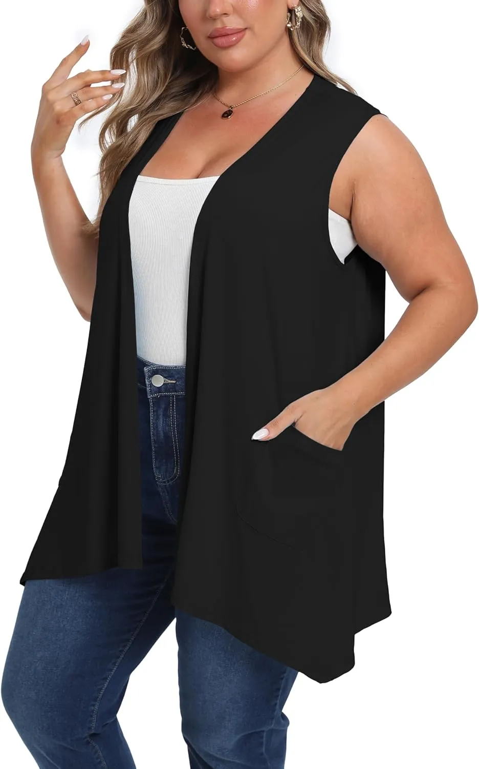 OLRIK Lightweight Plus Size Cardigan with Pocket Sleeveless Cardigans for Women Summer