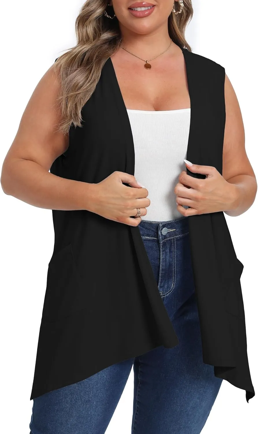 OLRIK Lightweight Plus Size Cardigan with Pocket Sleeveless Cardigans for Women Summer