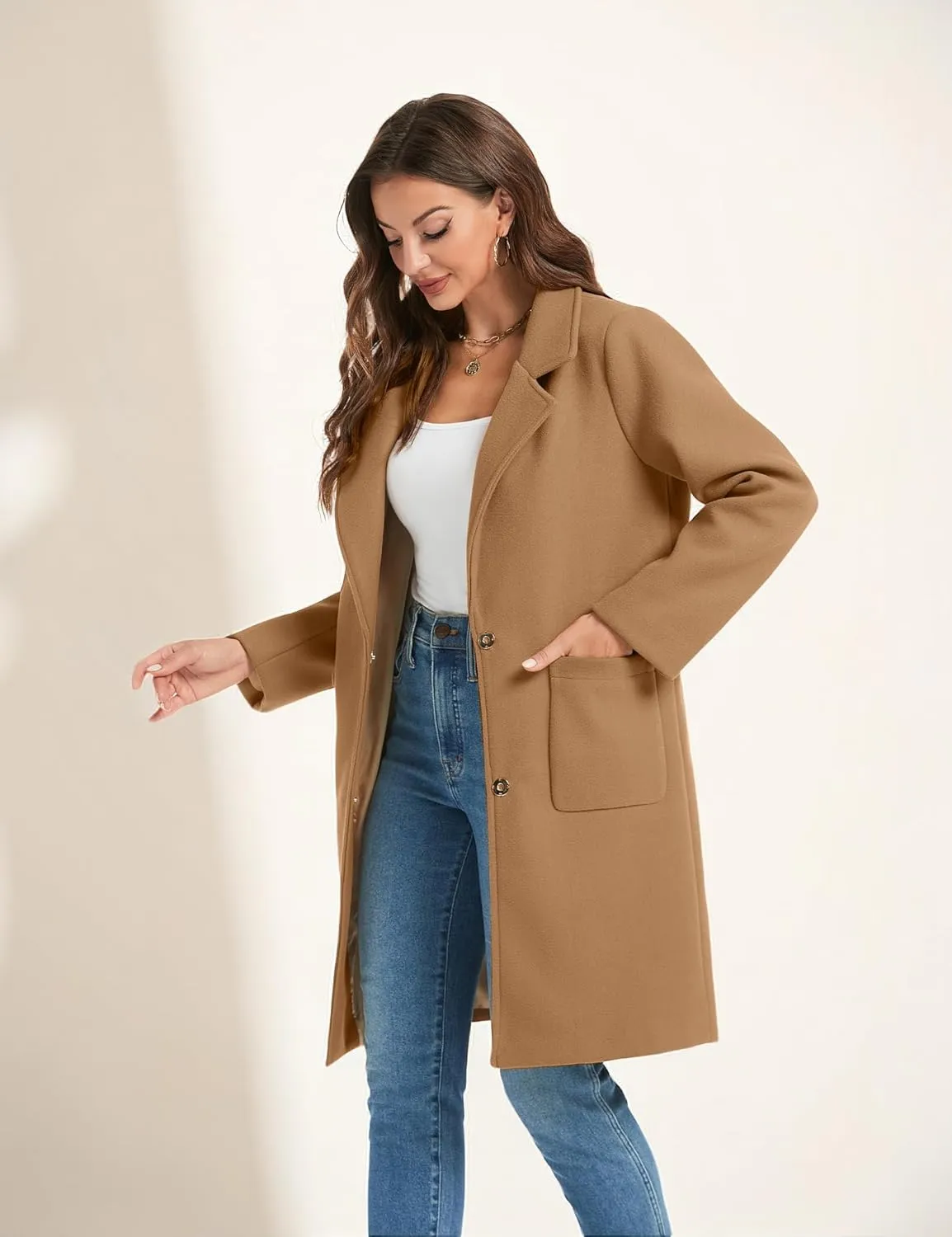 Omoone Women's Notched Lapel Wool Coats Mid Long Button Pea Coats Warm Thicken Trench Jacket