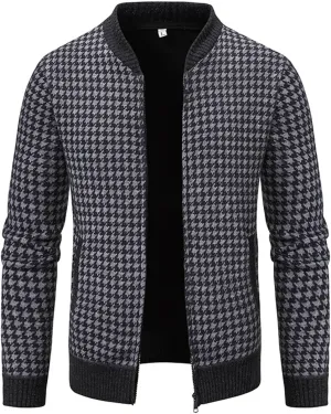 Oversized Knit Sweater for Men Zipper Houndstooth Print Pullover Slim Fit Autumn Fashion Pullover Sweater