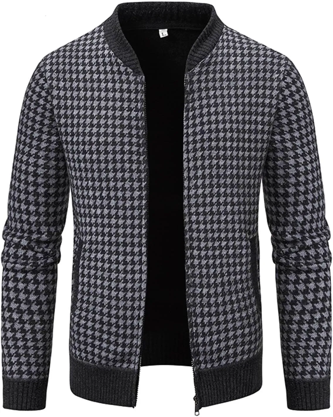 Oversized Knit Sweater for Men Zipper Houndstooth Print Pullover Slim Fit Autumn Fashion Pullover Sweater