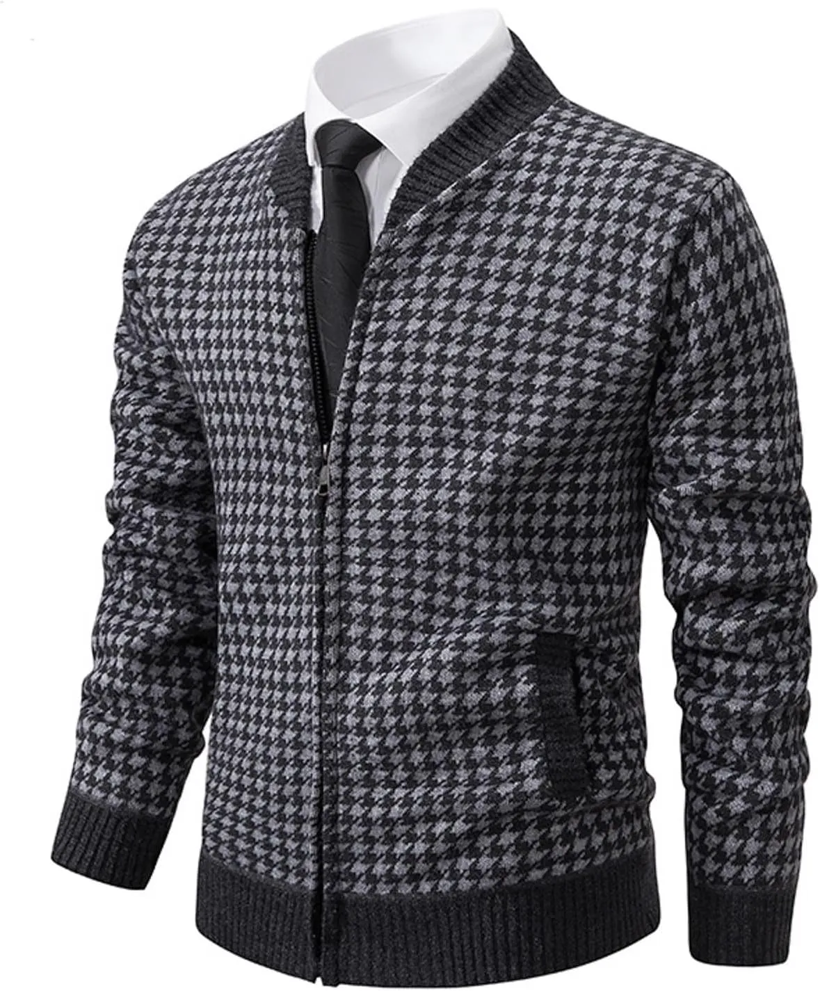 Oversized Knit Sweater for Men Zipper Houndstooth Print Pullover Slim Fit Autumn Fashion Pullover Sweater