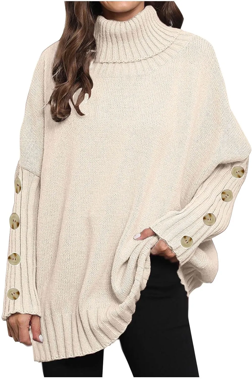 Oversized Sweaters for Women Turtle Neck Long Sleeve Blouse Loose Button Down Sweater Thick Warm Pullover Blouse
