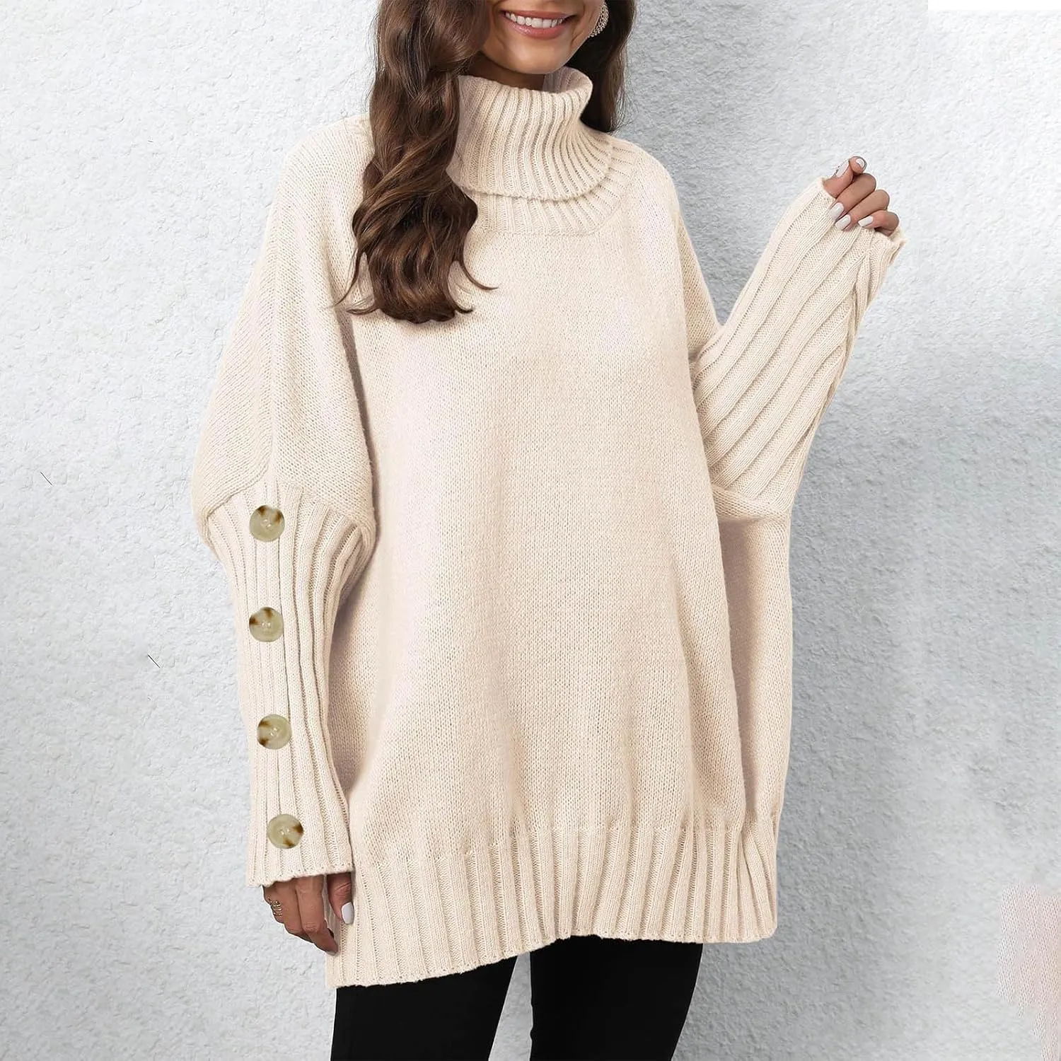 Oversized Sweaters for Women Turtle Neck Long Sleeve Blouse Loose Button Down Sweater Thick Warm Pullover Blouse