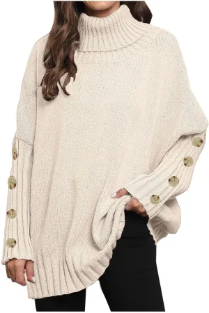 Oversized Sweaters for Women Turtle Neck Long Sleeve Blouse Loose Button Down Sweater Thick Warm Pullover Blouse