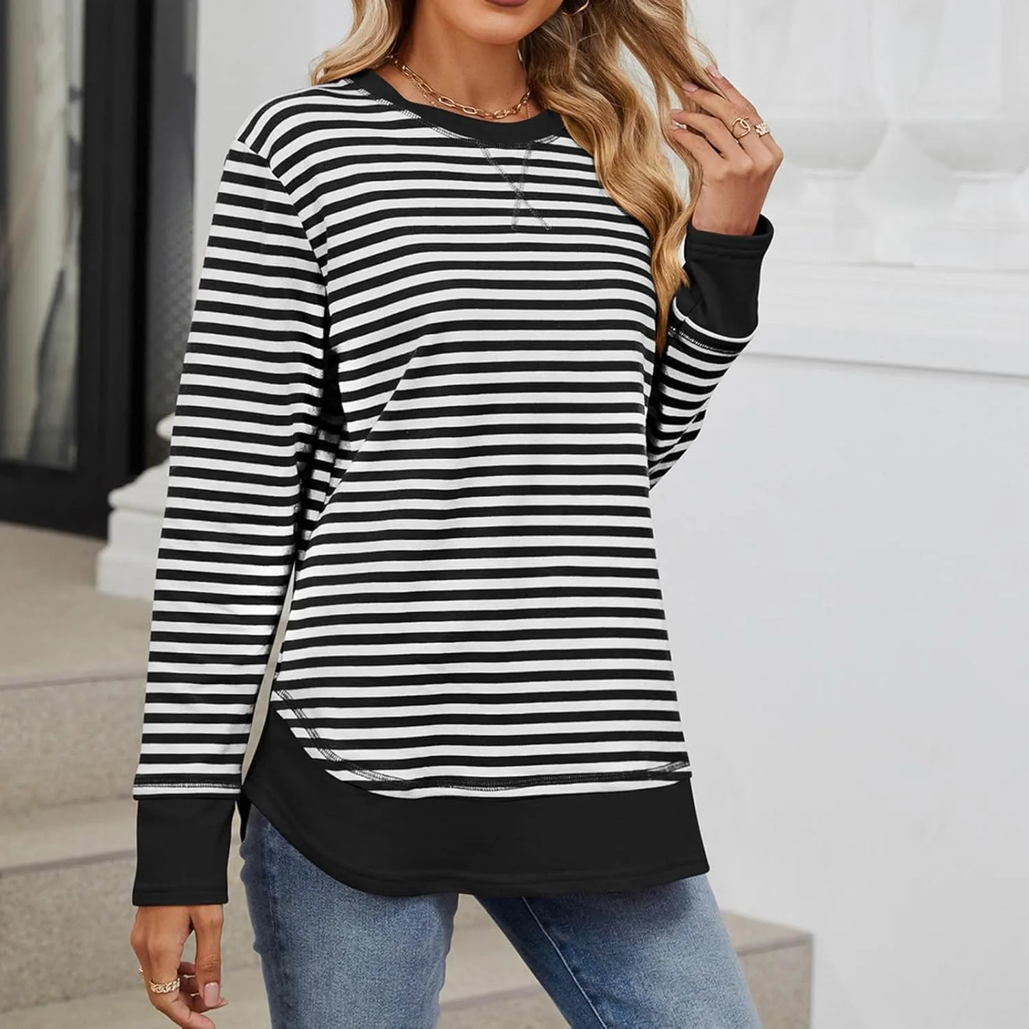 Oversized Sweatshirt For Women Striped Color Block Pullover Long Sleeve Crew Neck Blouses Tops Teen Girls Y2K Clothes
