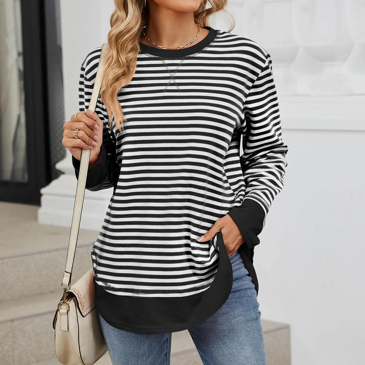 Oversized Sweatshirt For Women Striped Color Block Pullover Long Sleeve Crew Neck Blouses Tops Teen Girls Y2K Clothes
