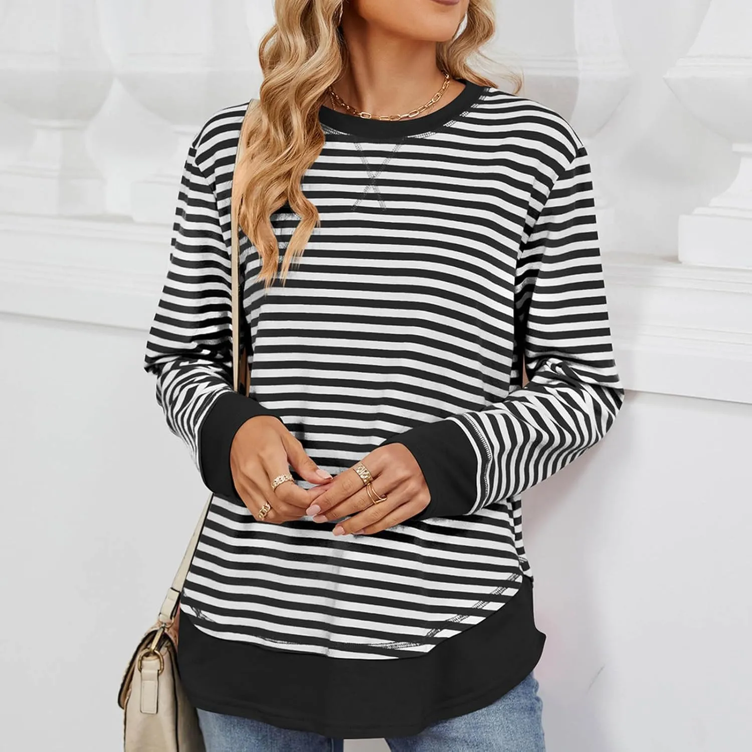 Oversized Sweatshirt For Women Striped Color Block Pullover Long Sleeve Crew Neck Blouses Tops Teen Girls Y2K Clothes