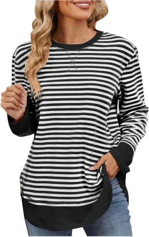 Oversized Sweatshirt For Women Striped Color Block Pullover Long Sleeve Crew Neck Blouses Tops Teen Girls Y2K Clothes