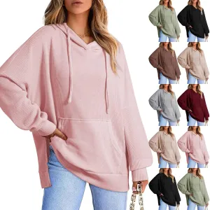 Oversized Sweatshirts Waffle Loose Drop Shoulder Knitted Solid Color Pullover Tops Fall Relaxed Fit Side Split Hoodie