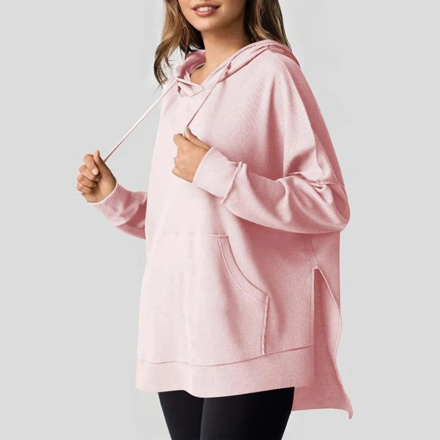 Oversized Sweatshirts Waffle Loose Drop Shoulder Knitted Solid Color Pullover Tops Fall Relaxed Fit Side Split Hoodie