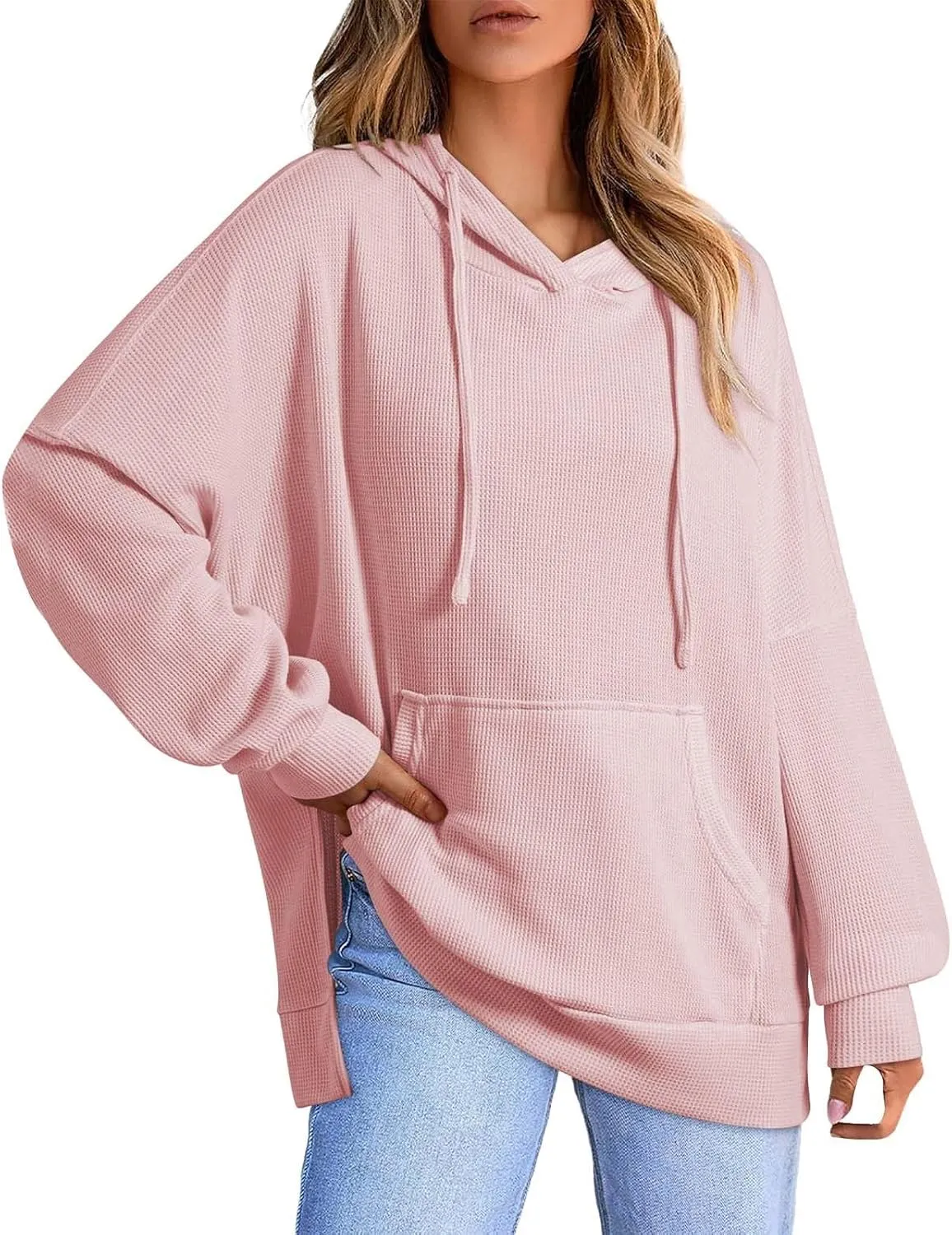 Oversized Sweatshirts Waffle Loose Drop Shoulder Knitted Solid Color Pullover Tops Fall Relaxed Fit Side Split Hoodie