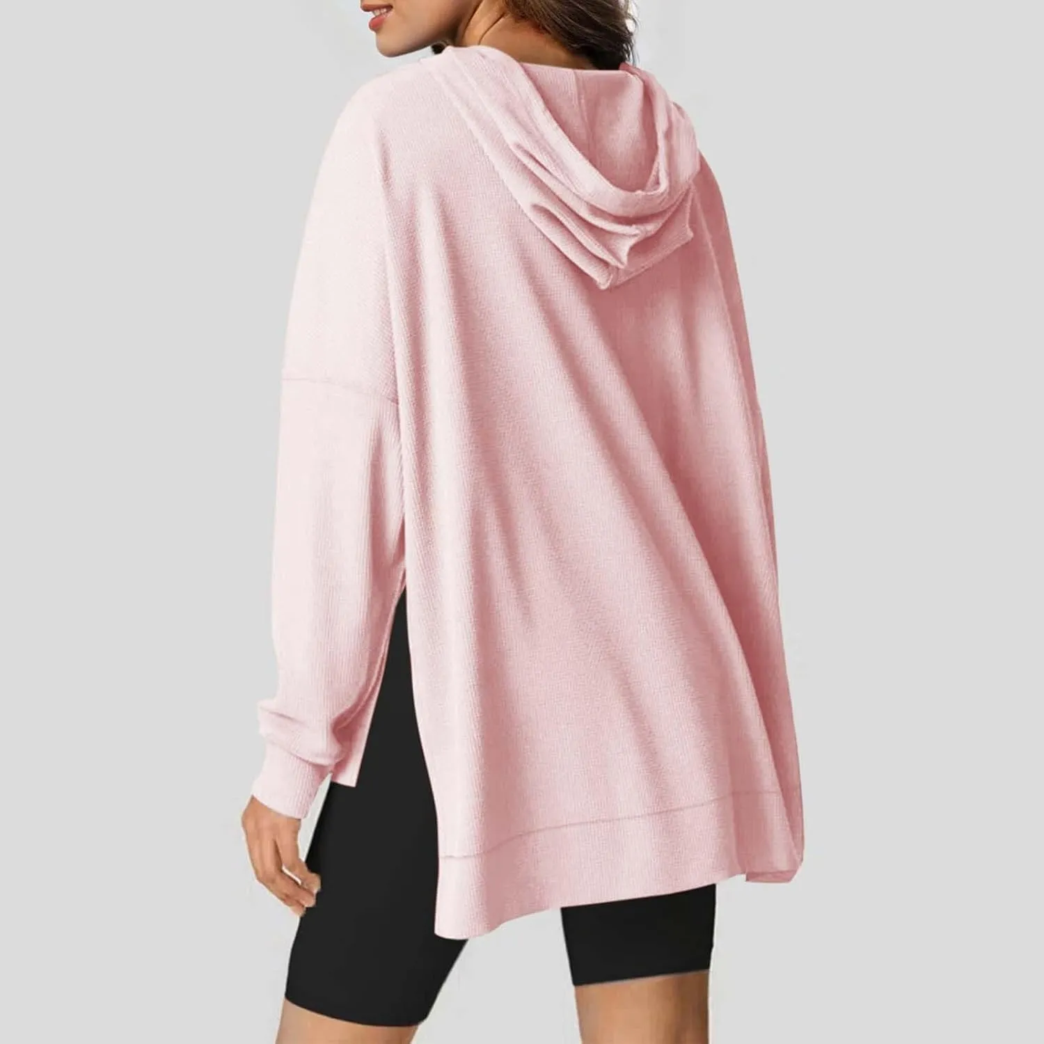 Oversized Sweatshirts Waffle Loose Drop Shoulder Knitted Solid Color Pullover Tops Fall Relaxed Fit Side Split Hoodie