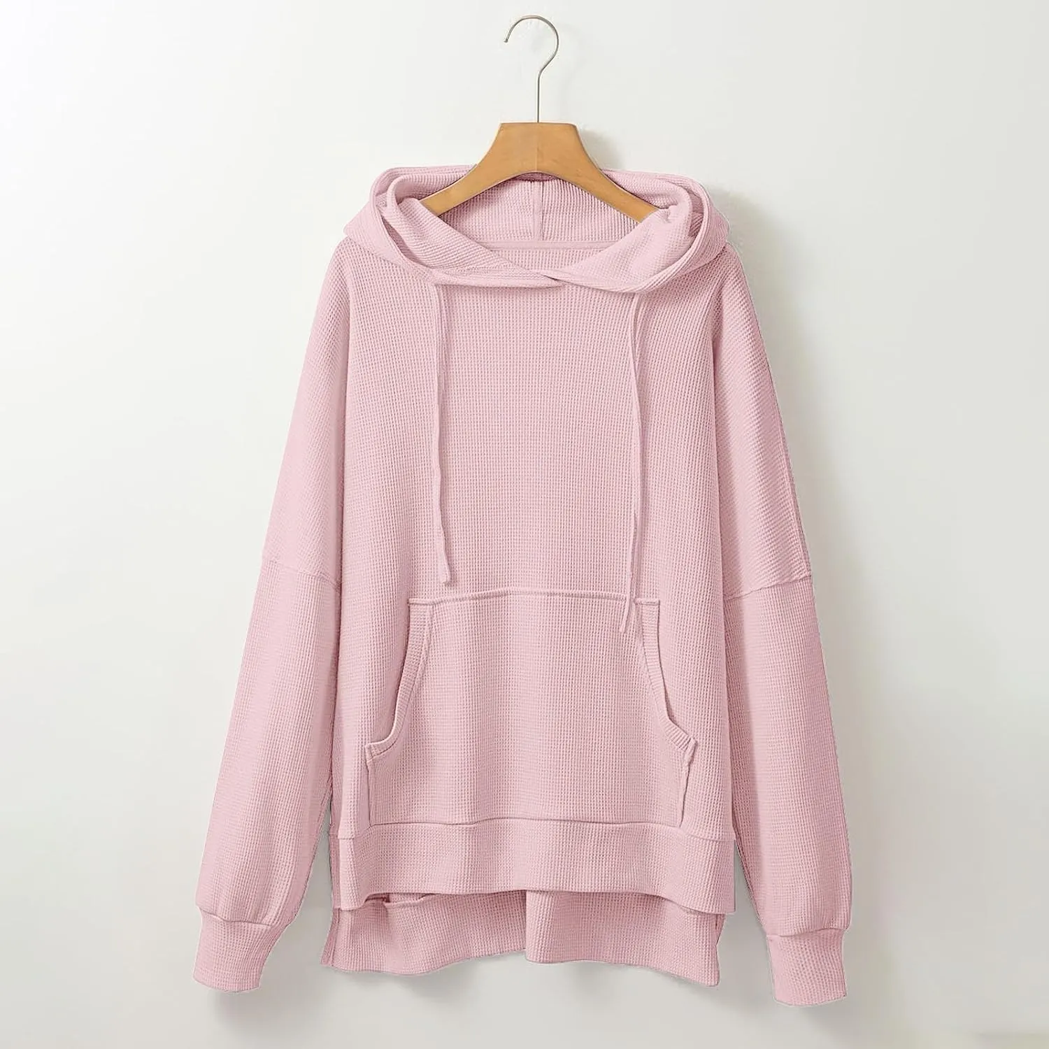 Oversized Sweatshirts Waffle Loose Drop Shoulder Knitted Solid Color Pullover Tops Fall Relaxed Fit Side Split Hoodie