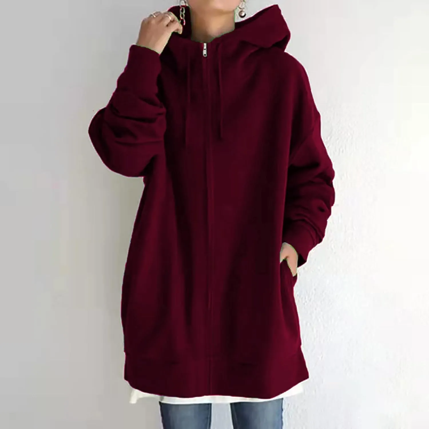 Oversized Zip Up Hoodies for Women Plus Size Long Fleece Jacket Casual Long Sleeve Cute Fall Coat with Pockets