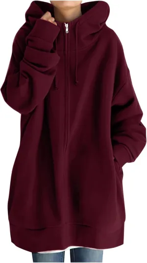 Oversized Zip Up Hoodies for Women Plus Size Long Fleece Jacket Casual Long Sleeve Cute Fall Coat with Pockets