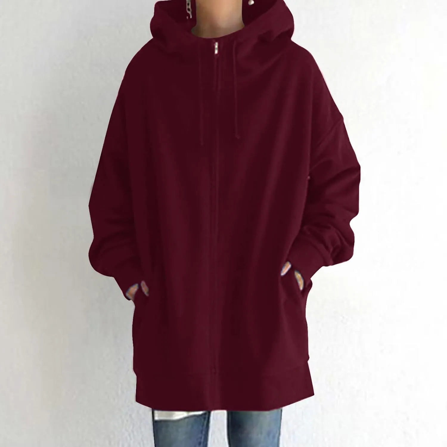 Oversized Zip Up Hoodies for Women Plus Size Long Fleece Jacket Casual Long Sleeve Cute Fall Coat with Pockets