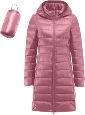 Packable Quilted Jackets for Women Lightweight Long Down Jacket Hoodies Winter Warm Quilted Puffer Coat with Pockets