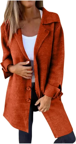 Pea Coats for Women Fall Mid-Long Wool Blend Peacoat Notched Lapel Collar Single-Breasted Overcoat Plus Size Trench Coat