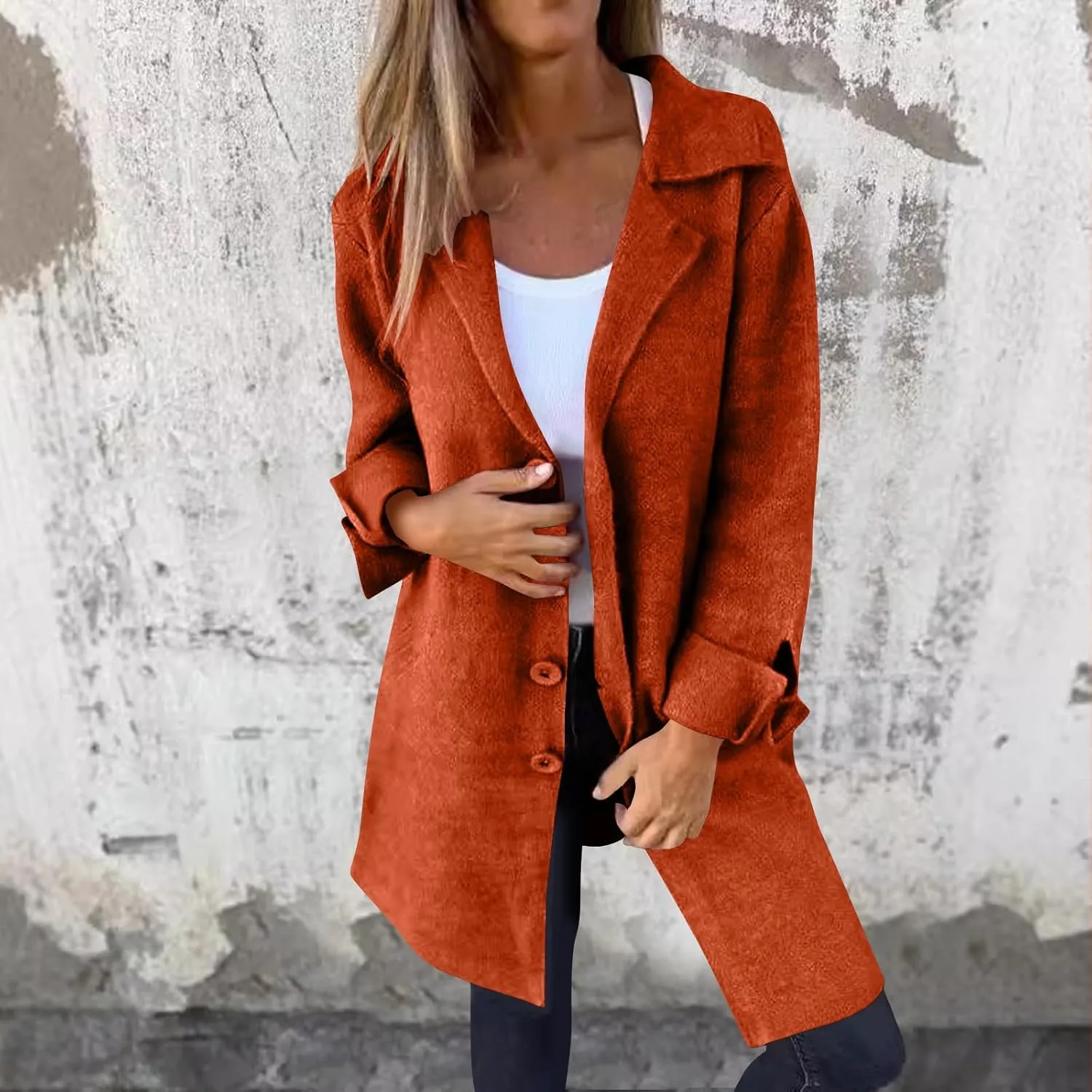 Pea Coats for Women Fall Mid-Long Wool Blend Peacoat Notched Lapel Collar Single-Breasted Overcoat Plus Size Trench Coat