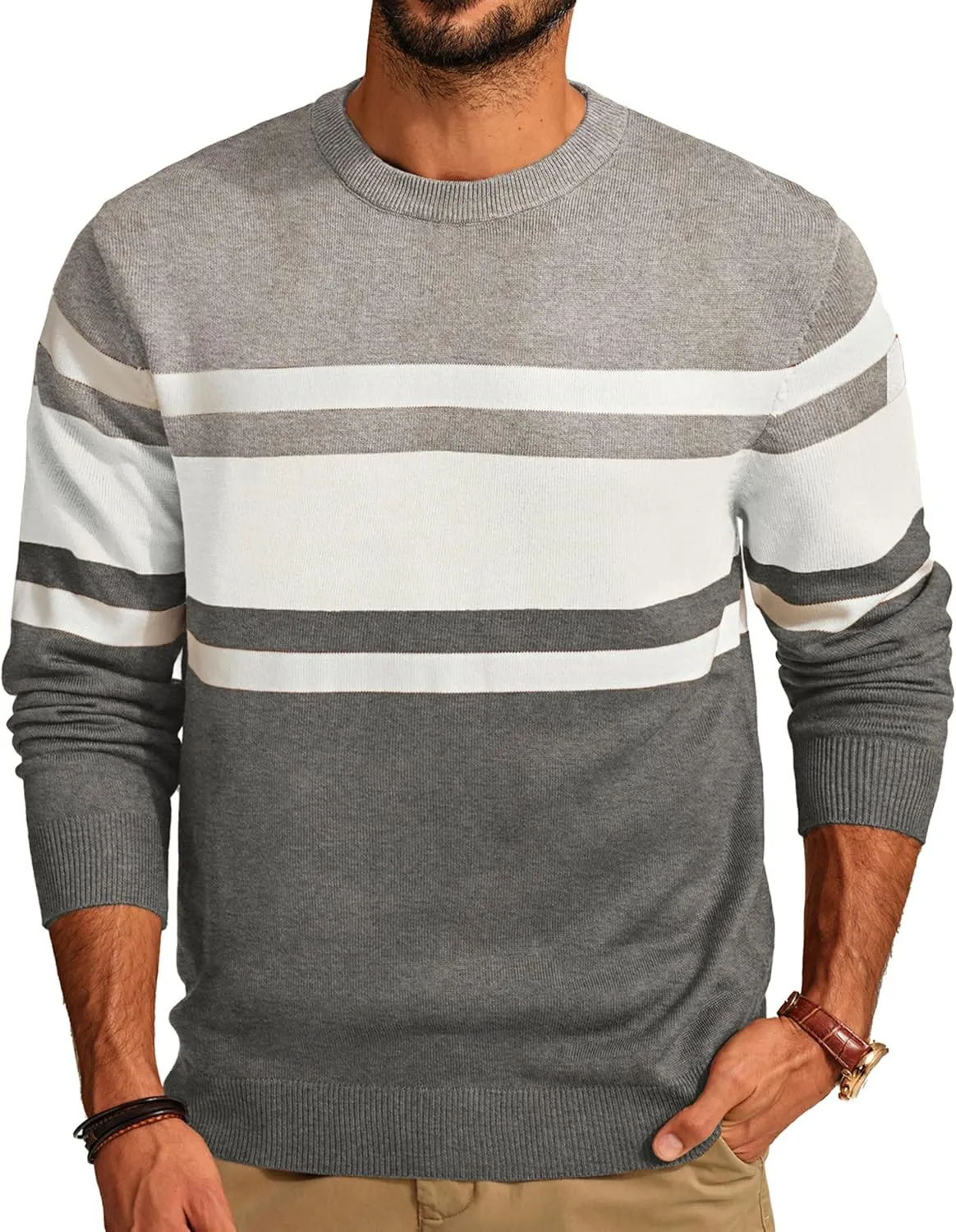 PJ Paul Jones Mens Striped Pullover Sweater Crewneck Contrast Fine Knitted Sweaters