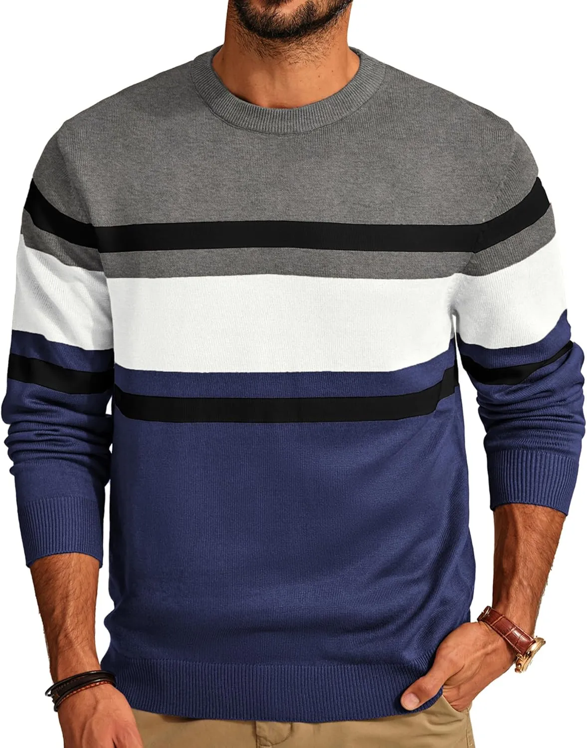 PJ Paul Jones Mens Striped Pullover Sweater Crewneck Contrast Fine Knitted Sweaters